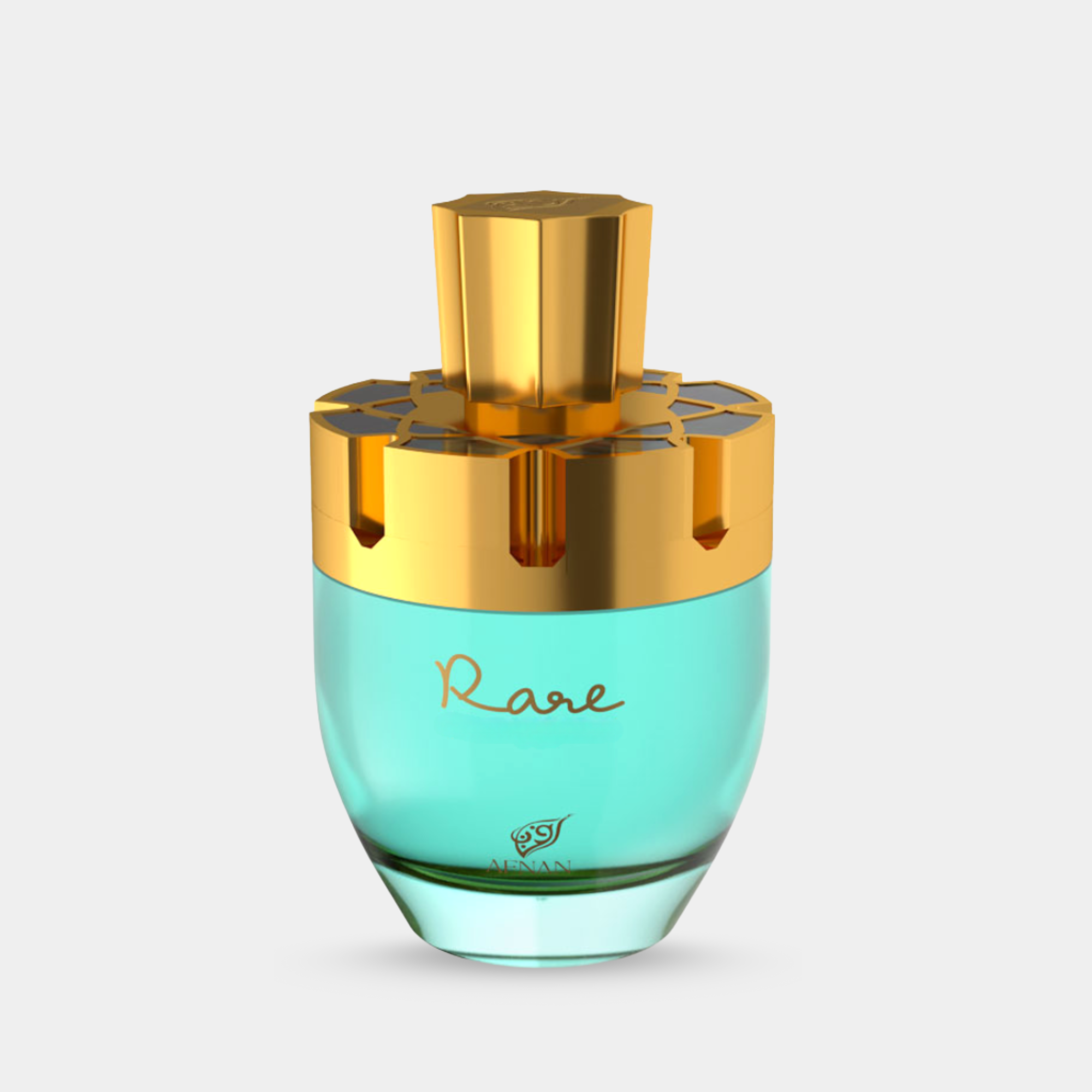 Perfume bottle with gold cap and 'Rare' branding on a light gray background