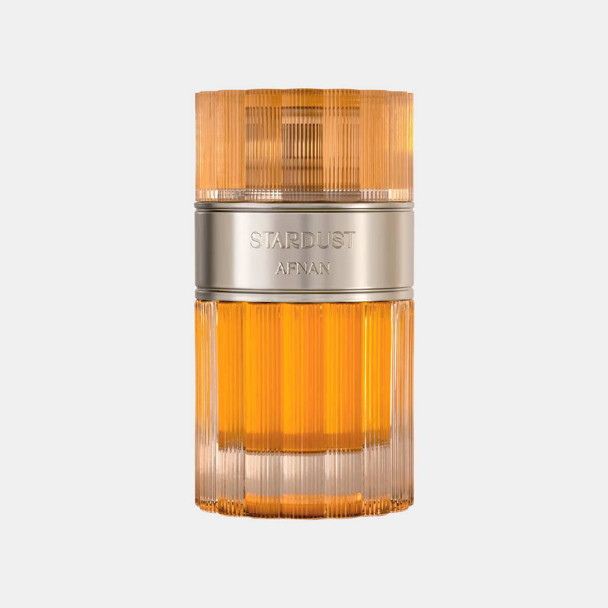A Stardust cologne bottle by Afnan, featuring a ribbed amber-orange glass body and cap with a polished silver metallic band in the center.